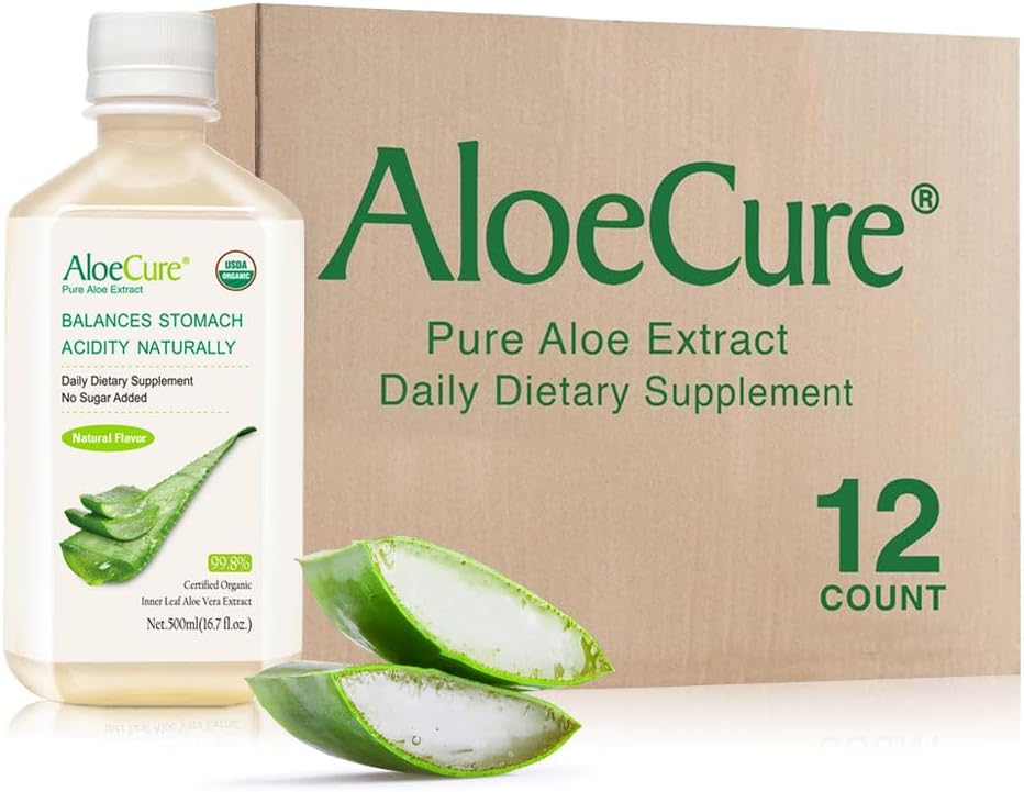 AloeCure USDA Organic Aloe Vera Juice Made within 12 timer af Høsten - Pure Aloe Juice Natural fordøjelsestillæg til støtte fordøjelse, immunsystem og balanceret mave syre, 12 x 500 ml flasker