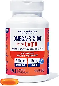 Oceanblue Omega 3 2100 with CoQ10 | Triple Strength Fish Oil Combo Supplement | 1350MG EPA 650MG DHA 150MG DPA with 150MG CoQ10 | Orange Flavor | Heart Support | 90 Softgels