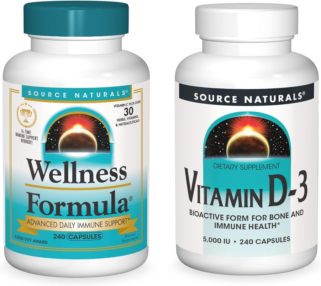 Kilde Naturals Wellness Formel og 5000 iu vitamin D-3, 240 kapsler i hver flaske