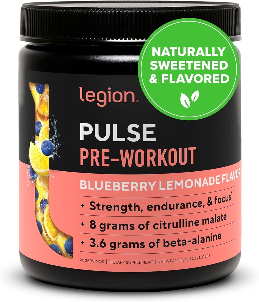 LEGION - Alle naturlige nitrogenoxid Preworkout Drink til Boost Energy, Creatin Free, naturligt sødet, Beta Alanine, Citrullin, Alpha GPC (Blueberry Lemonade)