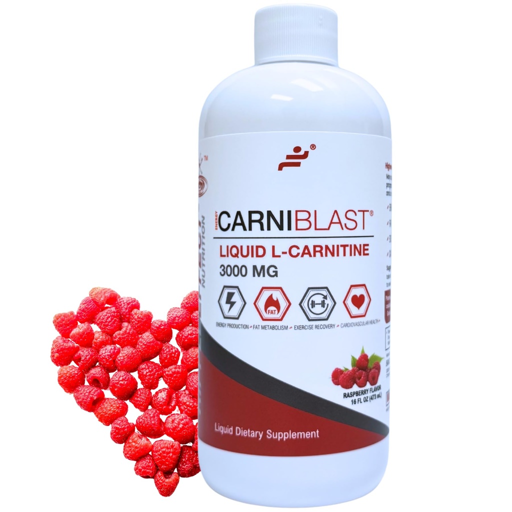 Bricker Labs CARNIBLAST Flydende L- Carnitin 3000mg, Premium L Carnitin Carniren, Energi Nutrition, Energy Supplement og Energy Booster, Hindbær, 16 fl oz