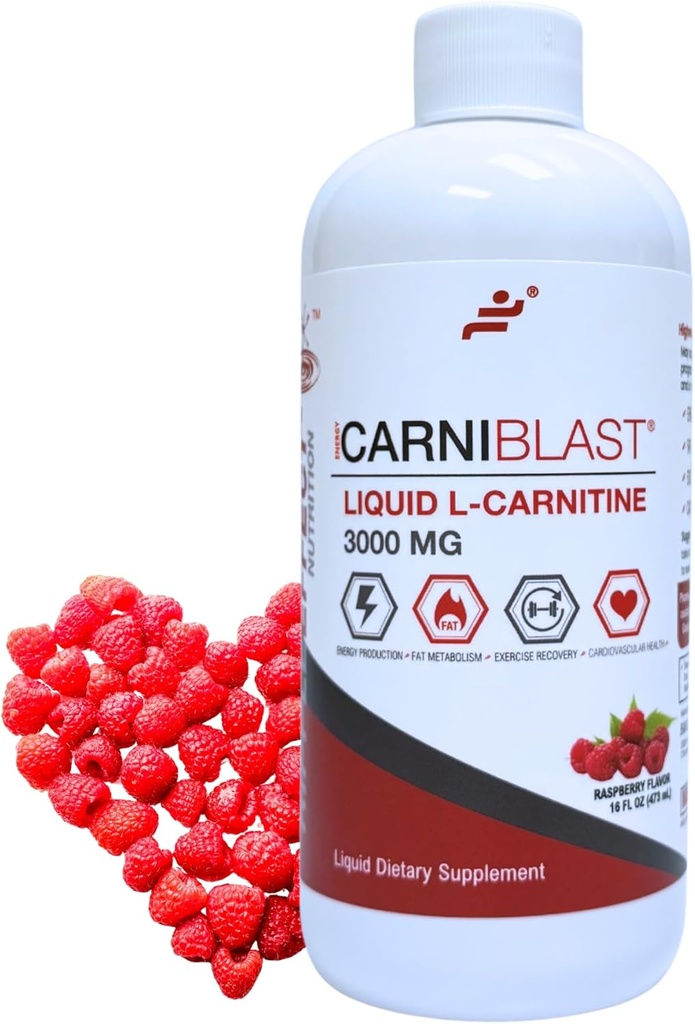 Bricker Labs CARNIBLAST Flydende L- Carnitin 3000mg, Premium L Carnitin Carniren, Energi Nutrition, Energy Supplement og Energy Booster, Hindbær, 16 fl oz