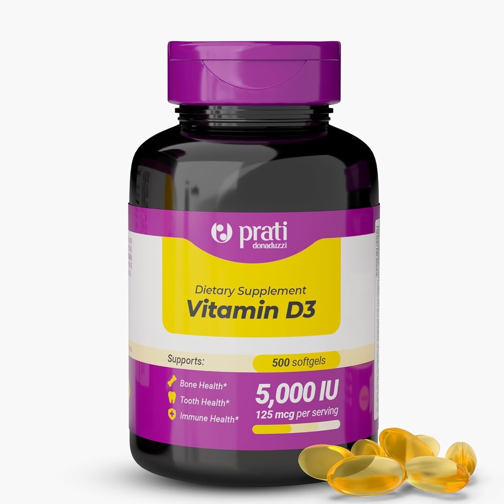 D3- vitamin 5000 IE - 500 Softgels - understøtter forsvarssystem, ben & muskelsundhed - familiestørrelse