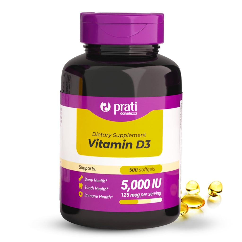 D3- vitamin 5000 IE - 500 Softgels - understøtter forsvarssystem, ben & muskelsundhed - familiestørrelse