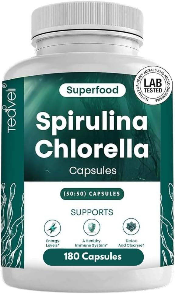 Teaveli Organic Spirulina og Chlorella Kapsler - 180 Chlorophyll piller, blå grøn alger pulver kapsler til støtte Detox, Mitochondria & Energi- 3X mere Chlorella Spirulina pulver / Servering