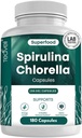 Teaveli Organic Spirulina og Chlorella Kapsler - 180 Chlorophyll piller, blå grøn alger pulver kapsler til støtte Detox, Mitochondria & Energi- 3X mere Chlorella Spirulina pulver / Servering