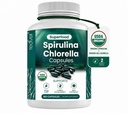 Teaveli Organic Spirulina og Chlorella Kapsler - 180 Chlorophyll piller, blå grøn alger pulver kapsler til støtte Detox, Mitochondria & Energi- 3X mere Chlorella Spirulina pulver / Servering