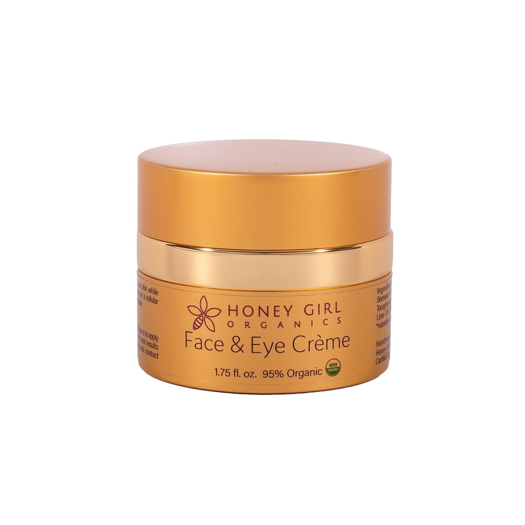 Honey Girl Organics Face & Eye Crème, USDA Certified Organic Facial Fuisturizer & Under Eye Cream for Wrinkles, mørke cirkler og Puffiness w / Hydrating Honey, Bivoks, Væsentlige olier & EVOO. 1.75oz