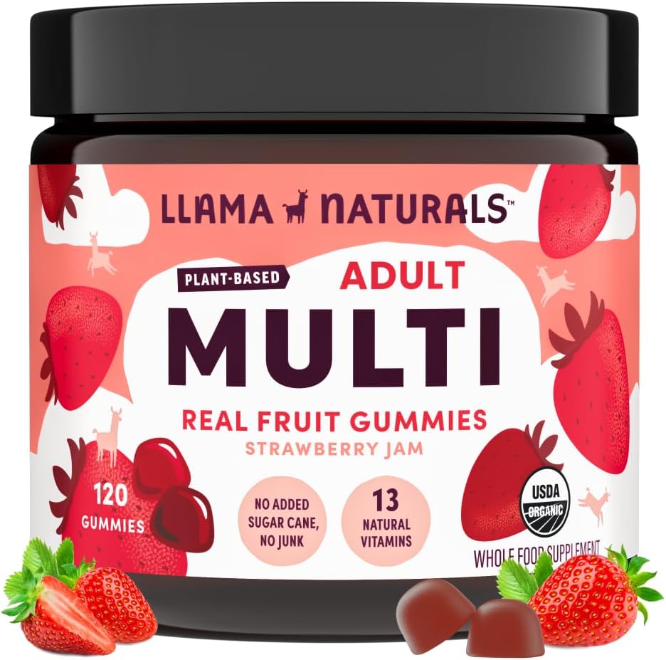 Llama Naturals Multivitamin for kvinder & mænd, Vegansk, Økologisk Gummier med D-vitamin, C & K, Voksne Real Fruit Gummy Vitaminer, Chewable Multivitamin Supplement, Ingen Tilføjet sukkerrør, Jordbær, 120 Ct
