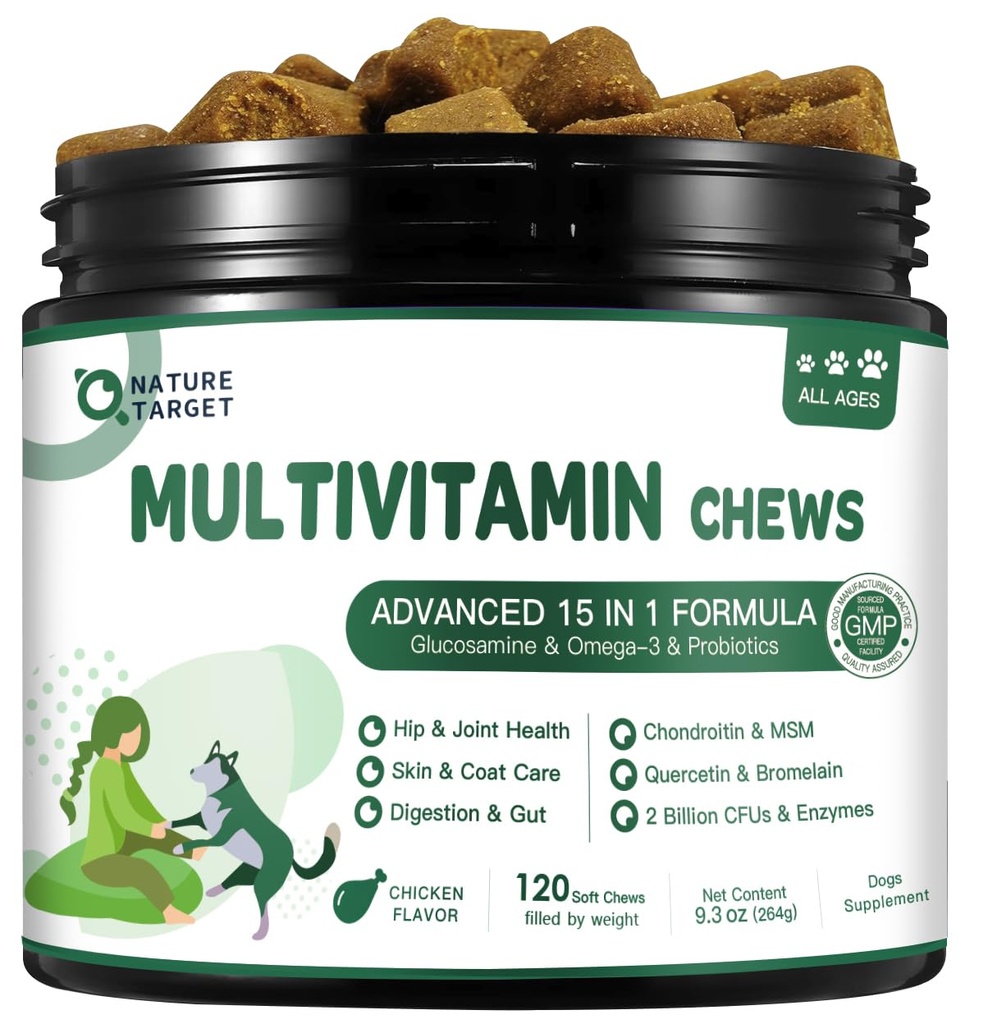 NATUR TARGET Multivitamin til hunde - med MSM & Glucosamin, Omegas 3 & 6, Probiotika til fordøjelsessygdomme, fælles støtte, hud & Coat, immunsystem & samlet sundhed 120 bløde tykkere