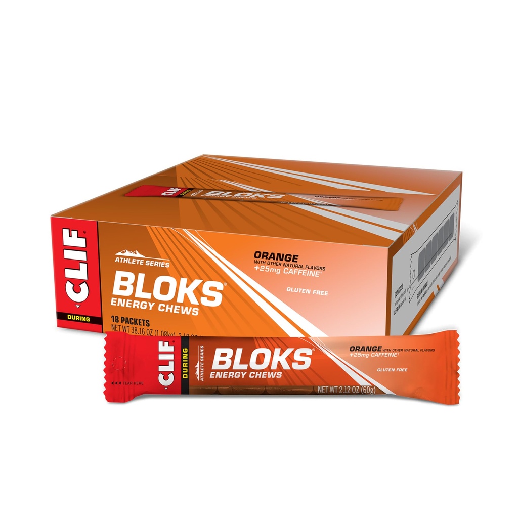 CLIF BLOKS - Orange Flavor med koffein - EnergiChews - Non-GMO - Plant baseret - Fast Fuel til cykling og løb - Quick Carbohydrates and Electrolytes - 2.12 oz. (18 Greve)