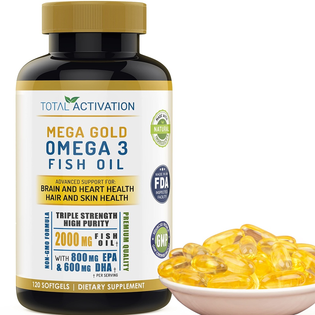 Omega 3 Fish Oil Supplement - 2000mg med EPA DHA & E-vitamin - Burpless, Triple Strength Support til mænd og kvinder - 120 Easy Swallow Softels