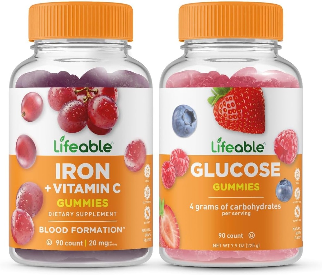 Levende jern med C-vitamin + glucose, Gummies Bundle - Great Tasting, Vitamin Supplement, Gluten fri, GMO fri, Chewable Gummy
