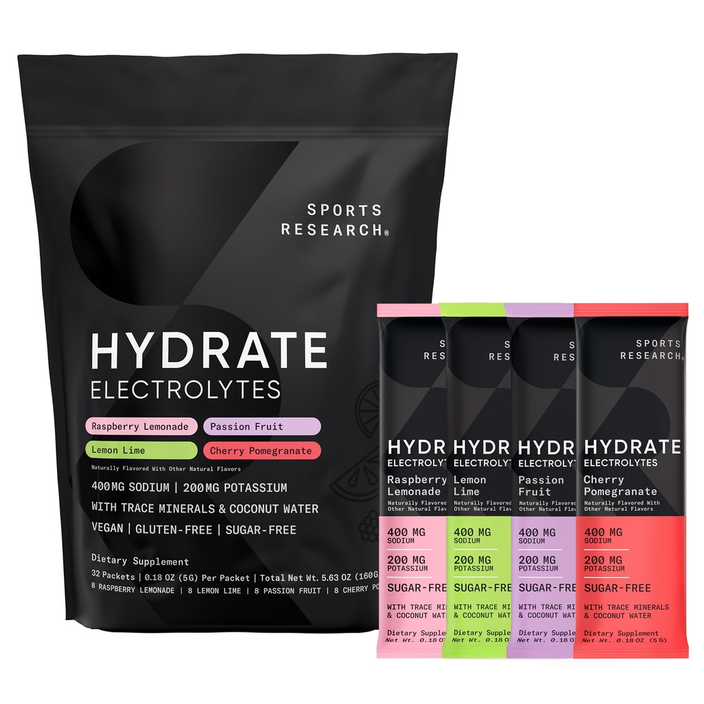 Sportsforskning ® Hydrate Electrolytes Powder Packets - Sugar- Free & naturligt tilsat vitaminer, mineraler og kokos vand - Understøtter hydrering - 32 Packets - Variety Pack