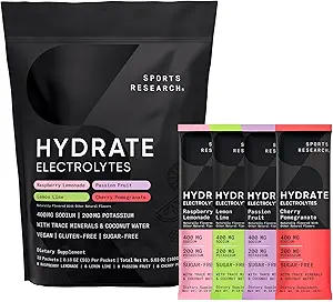 Sportsforskning ® Hydrate Electrolytes Powder Packets - Sugar- Free & naturligt tilsat vitaminer, mineraler og kokos vand - Understøtter hydrering - 32 Packets - Variety Pack