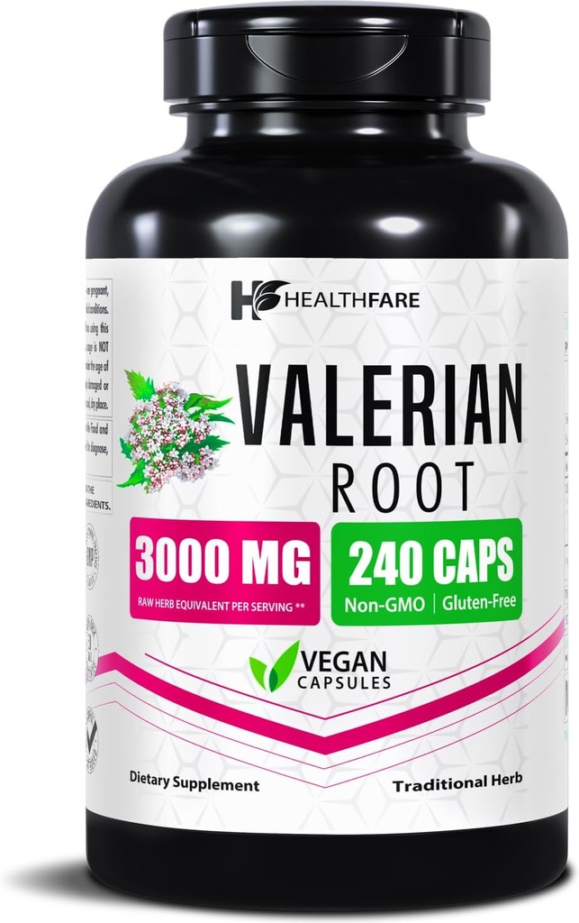 Healthfare Valerian Root Capsules Note 124; 3000mg High Potency Extract Note 124; 240 Vegan Pills Note 124; Urtetilskud til afslapning & dvalestøtte