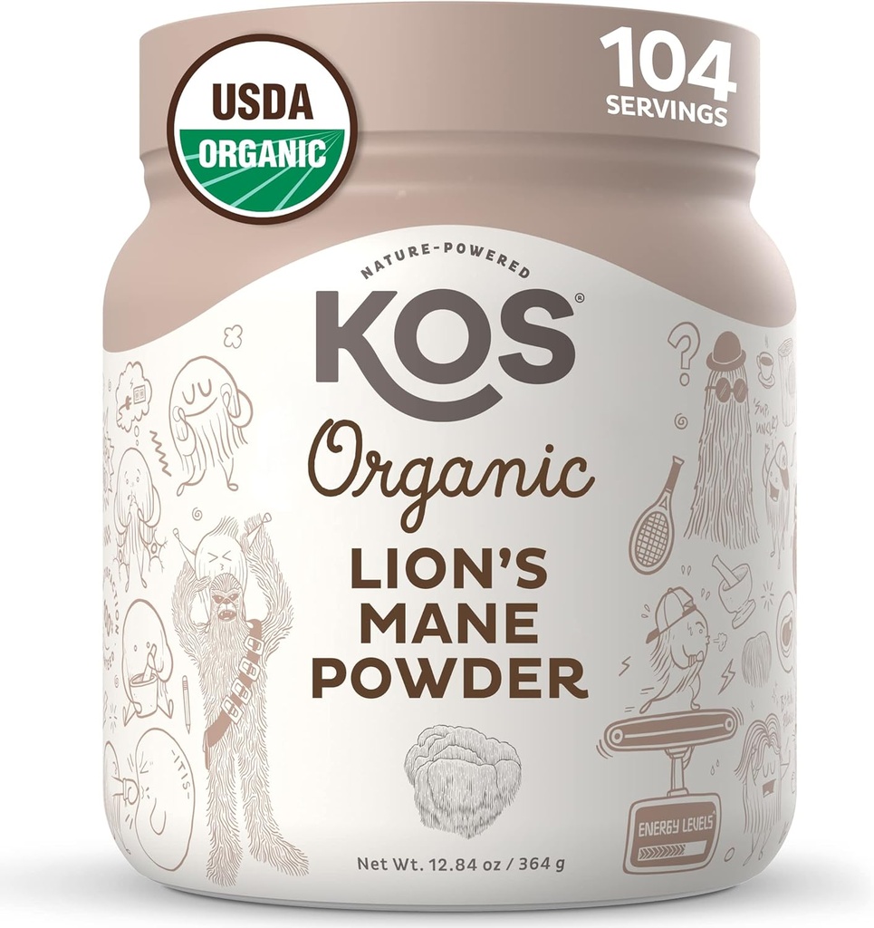 KOS Organic Lion's Mane Powder - Natural Nootropic Superfood - Vegan Functional Mushroom, Plant Based, USDA Certified, Non-GMO, Soy & Gluten-Free - 104 Servings