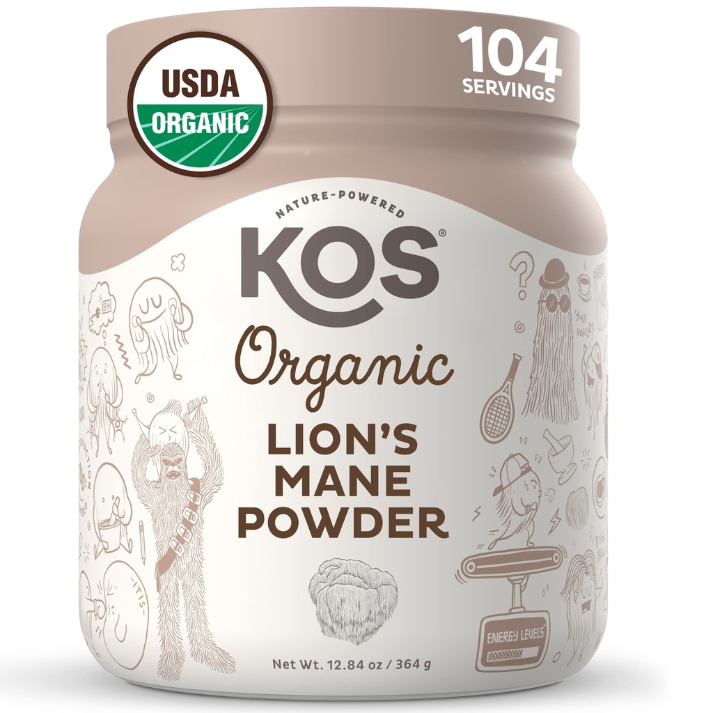 KOS Organic Lions Mane Powder - Natural Nootrop Superfood - Vegansk Funktionel Mushroom, Plant Based, USDA Certified, Non- GMO, Soy & Gluten- Free - 104 Serveringer