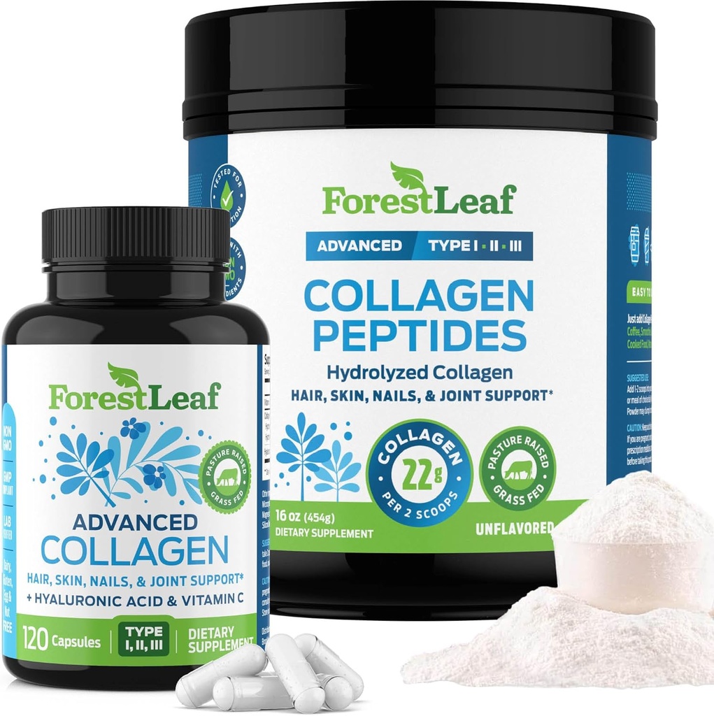 ForestLeaf Collagen Kosttilskud Bundle - 2-in-1 Hydrolyseret Collagen Peptider Pulver og Collagen Pills - Græs Fed Bovine Collagen til kvinder og Collagen til mænd