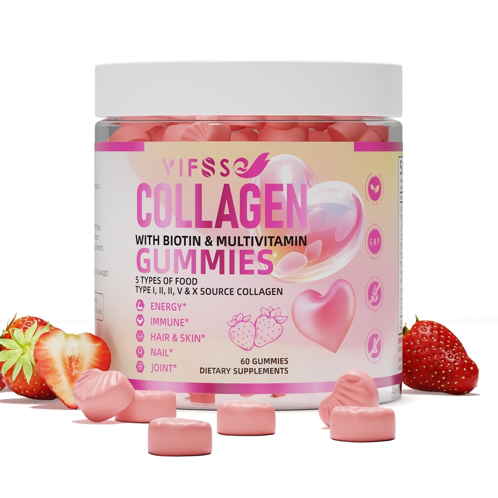 Collagen Peptid Gummies for Women, 120 Sugar- Free Hydrolyzed, Extra Strength 2500mg Protein Type I, II, III, V, X med 15000mcg Biotin og vitamin A B6 B12 C D E for hårtæl