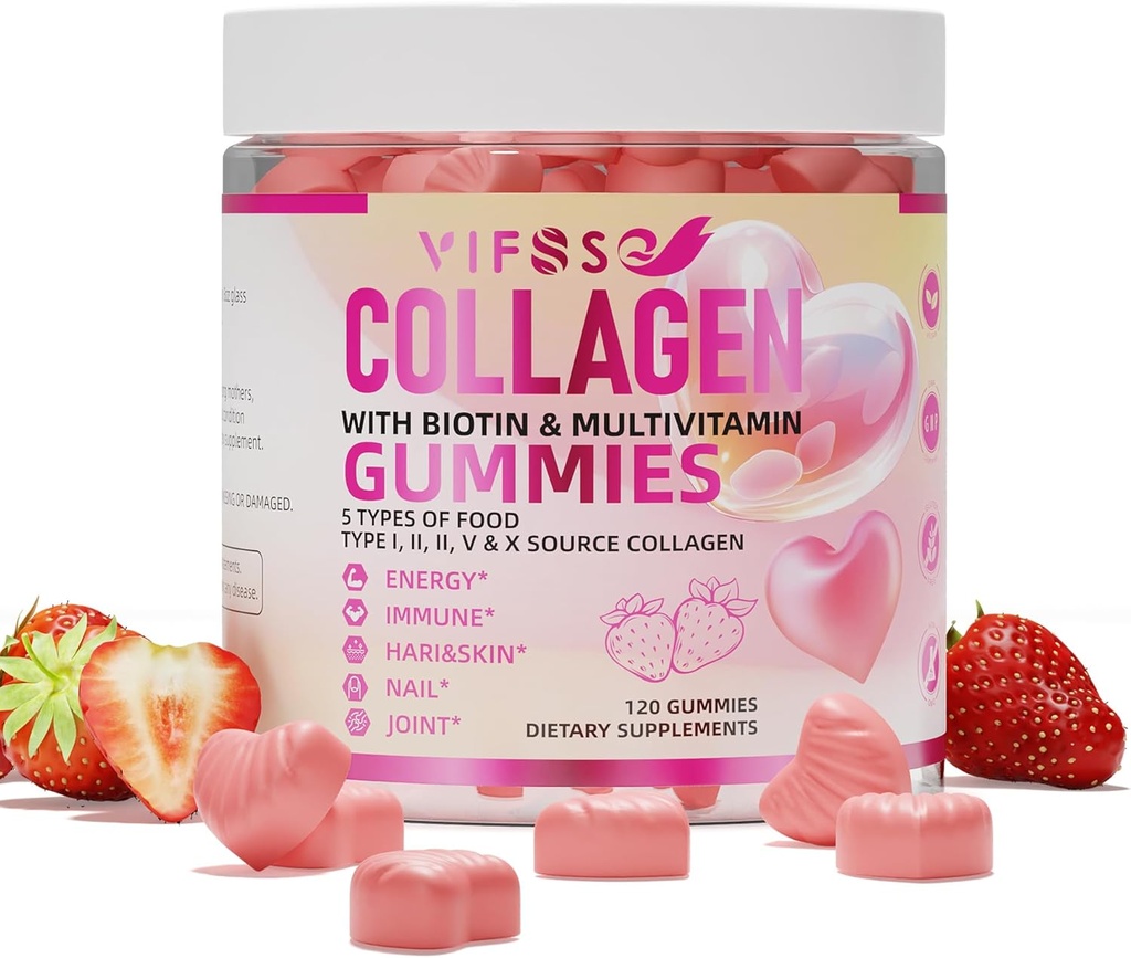Collagen Peptid Gummies for Women, 120 Sugar- Free Hydrolyzed, Extra Strength 2500mg Protein Type I, II, III, V, X med 15000mcg Biotin og vitamin A B6 B12 C D E for hårtæl