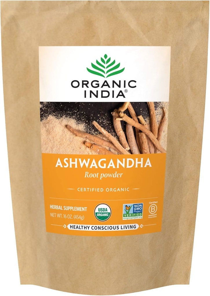 ORGANISK INDIA Ashwagandha Powder Organic - Ashwagandha Root Powder Bulk, Herbal Supplement - Vegan, Gluten- Free, Kosher, Non- GMO, Understøtter Stress Relief, Energi, og søvn - 1lb Bag
