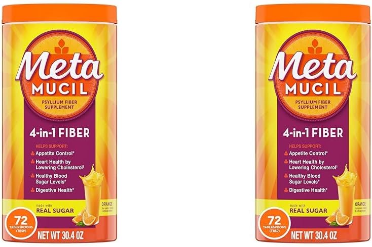 Metamucil Fiber, 4-in-1 Psyllium Fiber supplement pulver med Real Sugar, Orange Glat smag drik, 72 Servere (Packaging May Vary), Gross Texture, 1.9 Pound (pakke med 2)