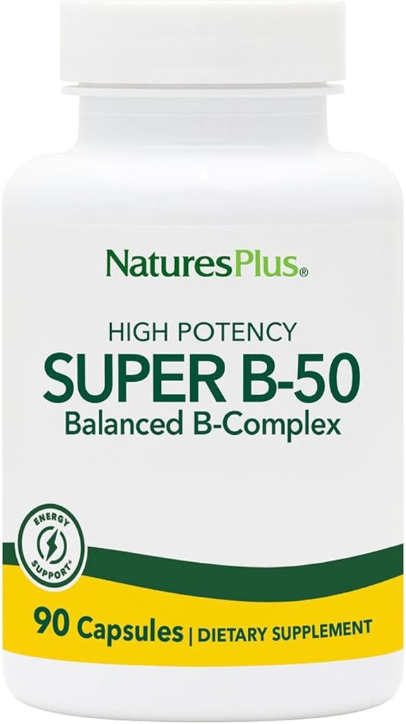 Nature Plus Super B50- 90 Vegetariske Kapsler - Høj potens B Complex Vitamin Supplement - Brain & Energy Booster - Gluten- Free - 90 Servering