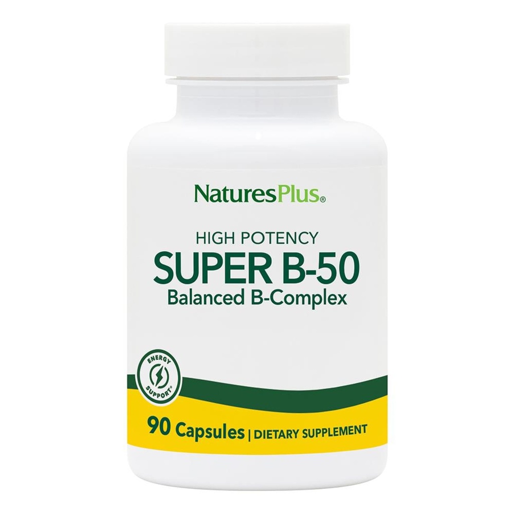 Nature Plus Super B50- 90 Vegetariske Kapsler - Høj potens B Complex Vitamin Supplement - Brain & Energy Booster - Gluten- Free - 90 Servering