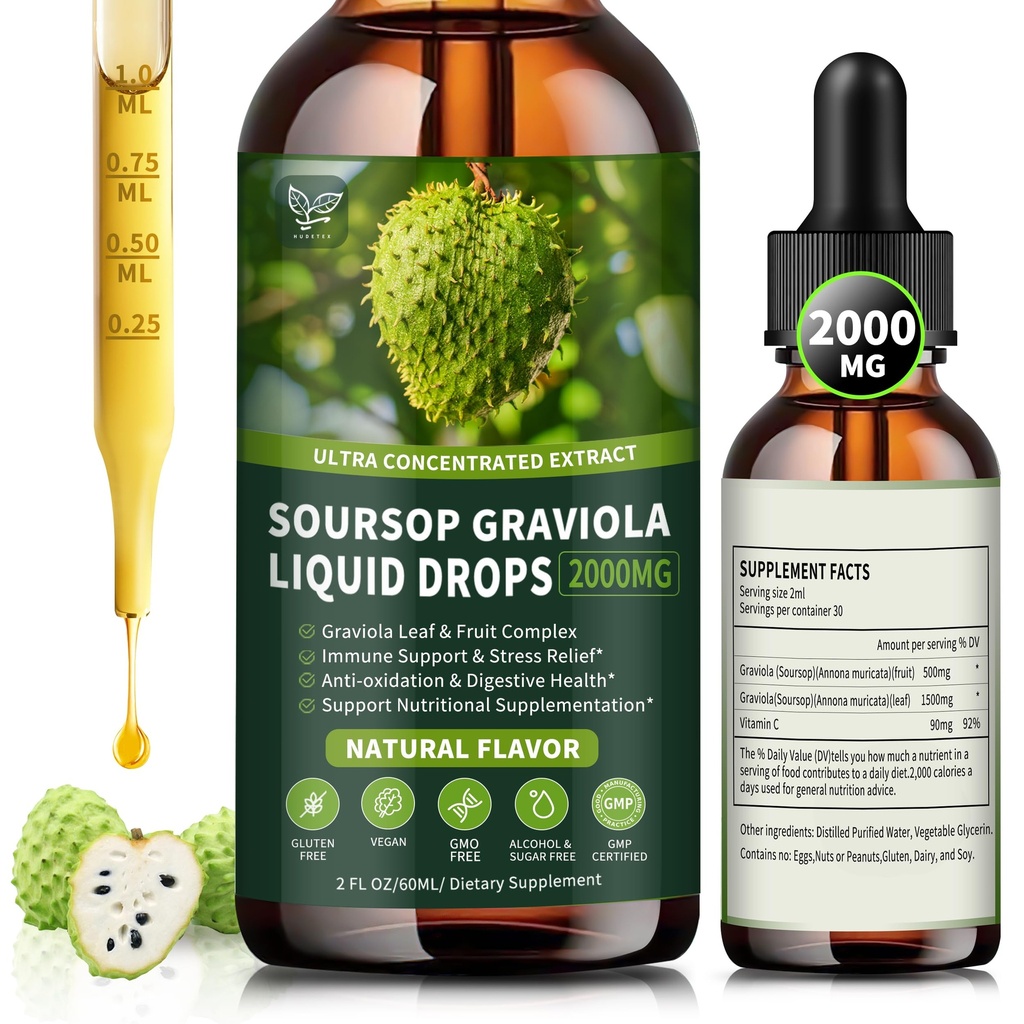 Soursop Graviola Liquid Drops 2000mg, Organic Soursop Extract - 98% Absorption Soursop Bitters Liquid for Cell Support & Regeneration og immunboost, Sugar / Gluten Free, Natural Flavor, 2 Fl Oz