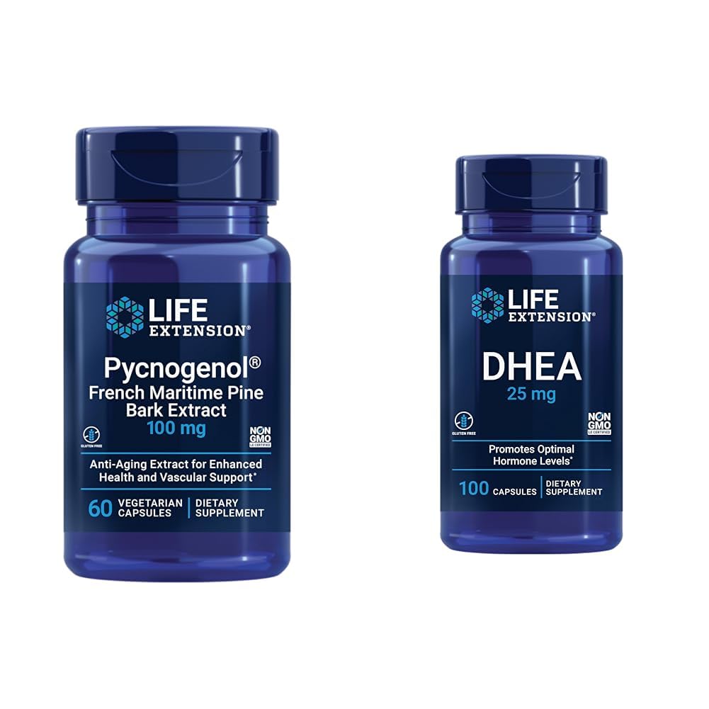 Life Extension French Maritime Pine Bark Extract med DHEA Hormone Balance - 60 kapsler Pycnogenol & 100 kapsler DHEA 25mg