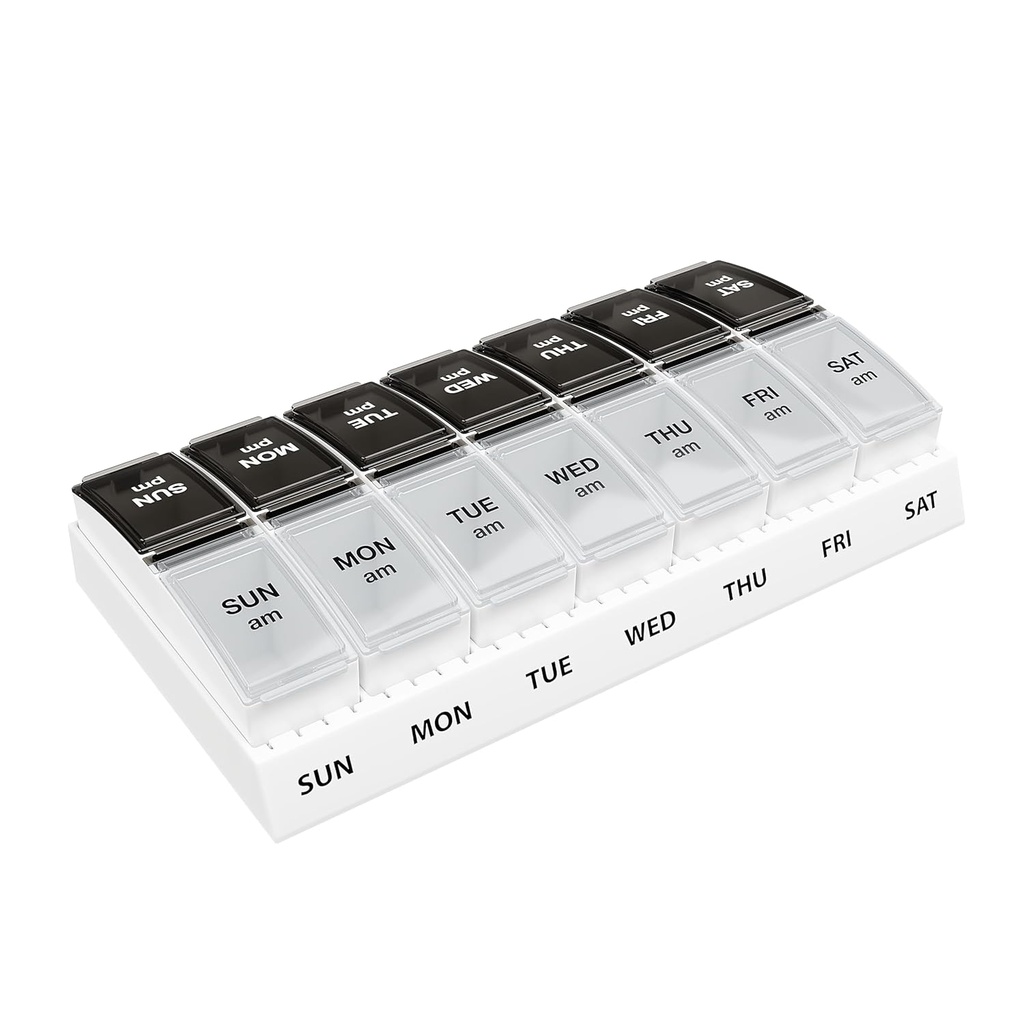 EZY DOSE Weekly (7-dag) Daglig AM / PM Pill Case, Medicine Planner, Vitamin Organizer, Supplement Container, Små Pop- out Compartments, Designet til rejser, 2 gange om dagen, sorte og klare låg