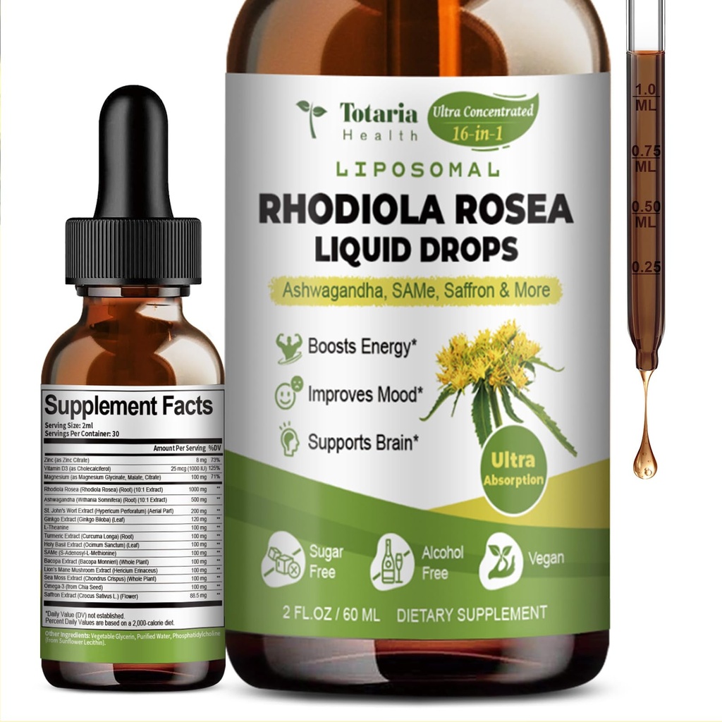 Totaria 16- in-1 Liposomal Rhodiola Rosea Tincture, Ultra Strength Rhodiola Supplement w / Ashwagandha, Saffron, Magnesium, SAM- e, Rhodiola Rosea Extract Flydende dråber til naturlig afslapning, Mood, energi