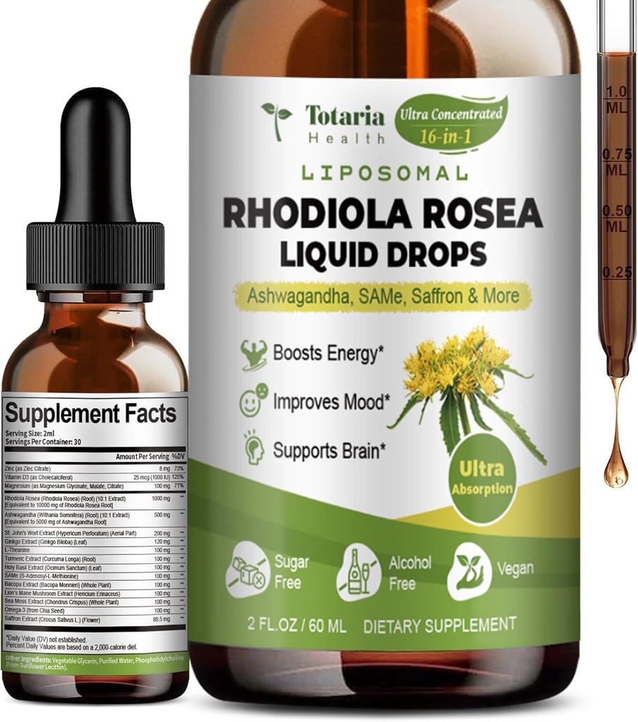 Totaria 16- in-1 Liposomal Rhodiola Rosea Tincture, Ultra Strength Rhodiola Supplement w / Ashwagandha, Saffron, Magnesium, SAM- e, Rhodiola Rosea Extract Flydende dråber til naturlig afslapning, Mood, energi