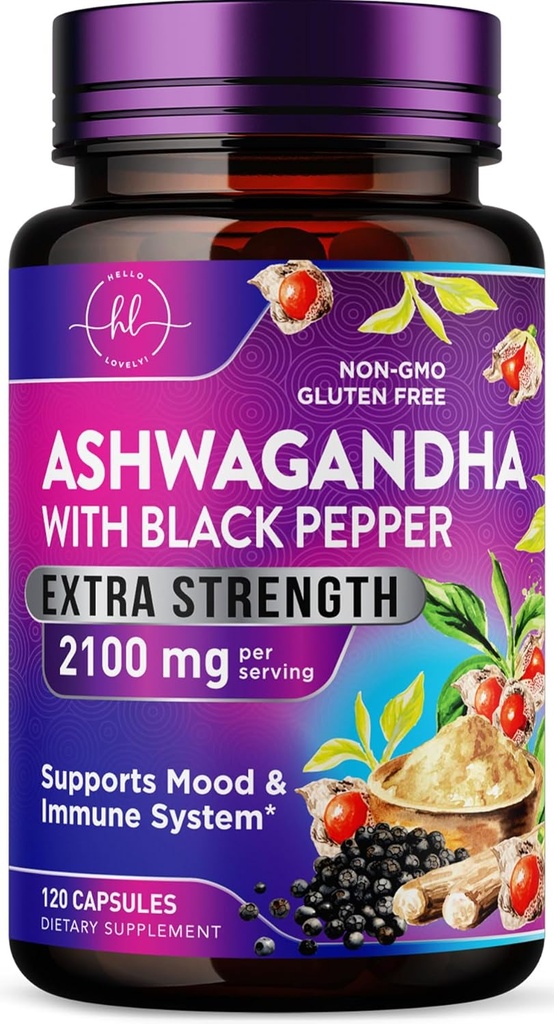 Ashwagandha 2,100 mg - Ashwagandha Kosttilskud til kvinder i Veggie Kapsler med pulver & Root Extract, Sort Pepper til høj Absorption, Plantebaseret, Non- GMO, Flasket i USA - 120 Veggie Kapsler