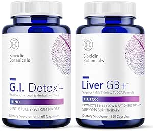 Biocidin G.I. Detox+ Gentle Binder & Liver GB+ Gallbladder Liver Support - Help Optimize Toxin Removal & Fat Digestion - Activated Charcoal, Zeolite, TUDCA & Bitter Herbs (2 Products)
