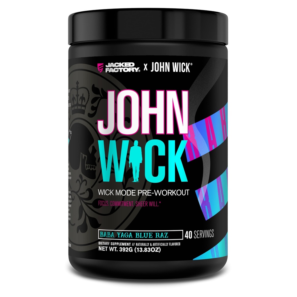Jacked Factory X John Wick - Wick Mode Pre Workout Powder - Intense Energy, Battle- Ready Focus, Ustoppelig engagement, og Sheer Will - 40 Servere, Baba Yaga Blue Raz