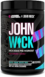 Jacked Factory X John Wick - Wick Mode Pre Workout Powder - Intense Energy, Battle- Ready Focus, Ustoppelig engagement, og Sheer Will - 40 Servere, Baba Yaga Blue Raz