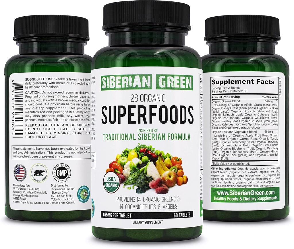 Siberian Green 28 Organic Superfoods Supplement 60 Tablets - 14 Essential Green, 14 Nutritious Fruits & Veggies fra Traditional Formel for Energy, Wellness, Health