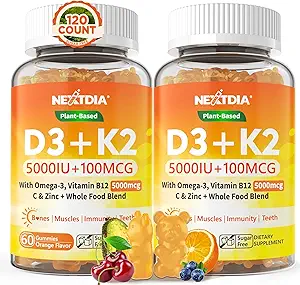 D3- vitamin K2 Gummies 5000IE / 10. 000 IE med Omega-3 250 mg + K2 (MK- 7) 100mcg - 5X Absorption Than Standard D3K2, med vitamin C, Zink og 5 økologiske grøntsager, understøtter knoglen- og tandstyrke, immunforsvar