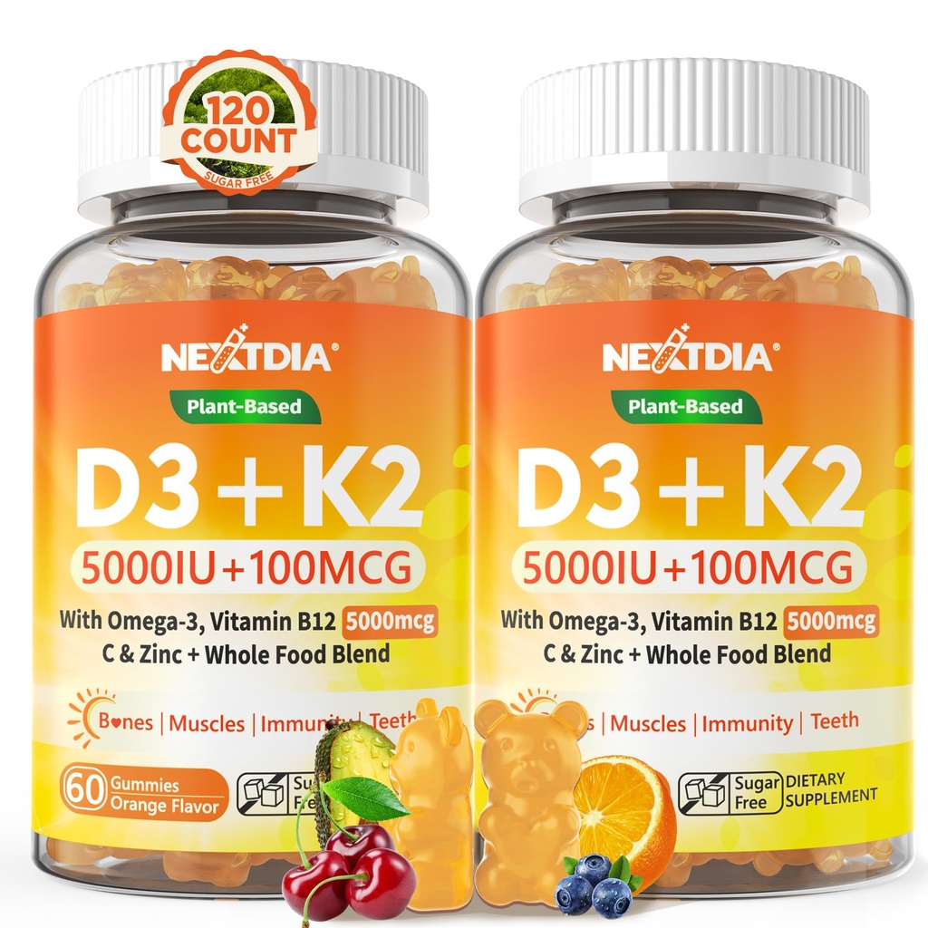 D3- vitamin K2 Gummies 5000IE / 10. 000 IE med Omega-3 250 mg + K2 (MK- 7) 100mcg - 5X Absorption Than Standard D3K2, med vitamin C, Zink og 5 økologiske grøntsager, understøtter knoglen- og tandstyrke, immunforsvar
