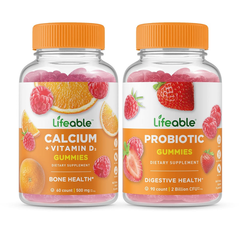 Lifeable Calcium med D-vitamin + probiotisk 2 milliarder CFU, Gummies Bundle - Great Tasting, Vitamin Supplement, Gluten Free, GMO fri, Chewable