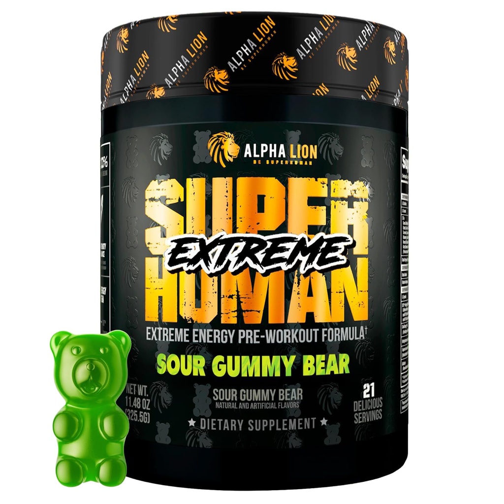 LEONA LION Superhuman Extreme High Stim Pre Workout Powder, Beta Alanine, L- Taurine & 356mg Tri- Source Coffein for Sustained Energy, Nitrogen Oxide & Citrulline for Pump (21 Serveringer, Sour Gummy Bear)