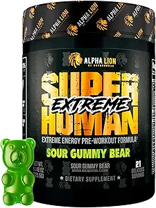 LEONA LION Superhuman Extreme High Stim Pre Workout Powder, Beta Alanine, L- Taurine & 356mg Tri- Source Coffein for Sustained Energy, Nitrogen Oxide & Citrulline for Pump (21 Serveringer, Sour Gummy Bear)