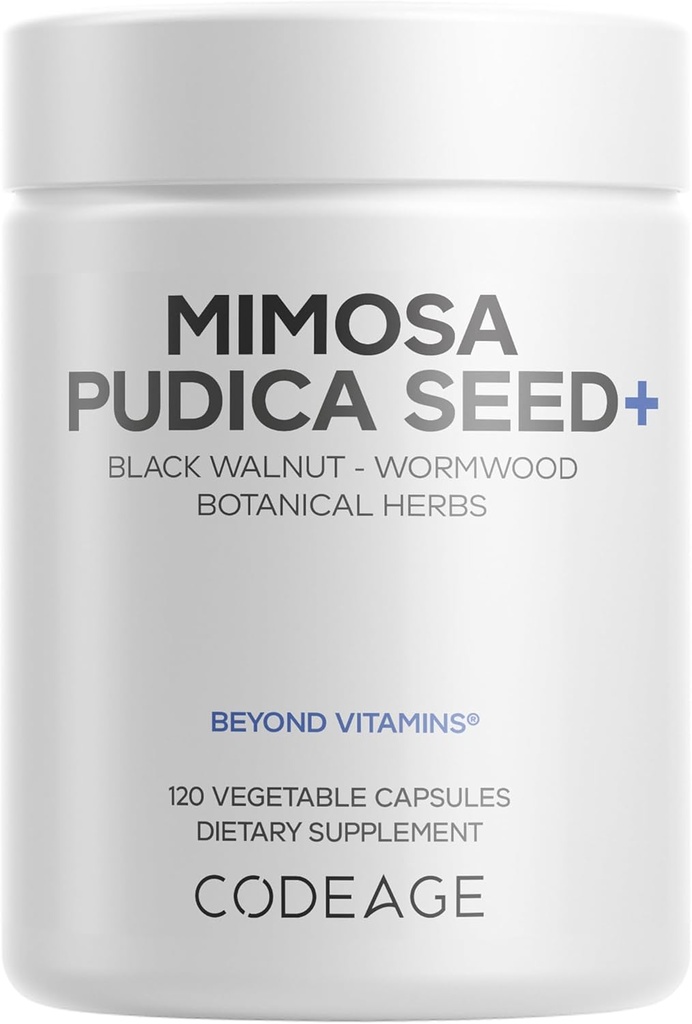 Codeage Organic Mimosa Pudica Seed Capsules - Mimosa Pudica Seeds Supplement - Black Walnut, Cloves, Vidanga, Neem, BioPerine - Alt i én - Sensitive Plant Pills - Non- GMO & Vegan - 120 Kapsler