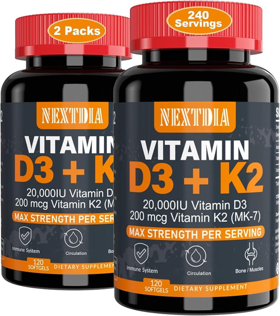 Vitamin D3 20,000 IU + K2(MK7) 200mcg-Optimal Vitamin D3 & K2-Support Strong Bones & Muscle, Calcium Absorption & Immune Health, Helping Vitamin D Deficiencies, Easy to Swallow, (Pack of 2)