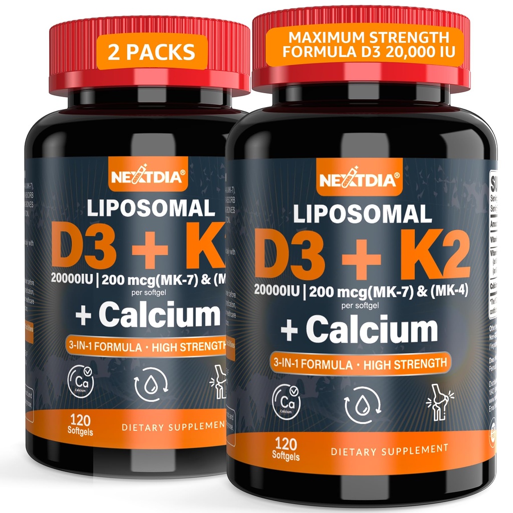 Vitamin D3 20. 000 IE + K2 Vitamin (MK4 & MK7) 200mcg + Calcium Citrat, Optimal Vitamin D3 K2 Softgel - Stærk Bone & Muscle, Calcium Absorption, Hjælper Vitamin D Mangler, Let at synke, 2Pack