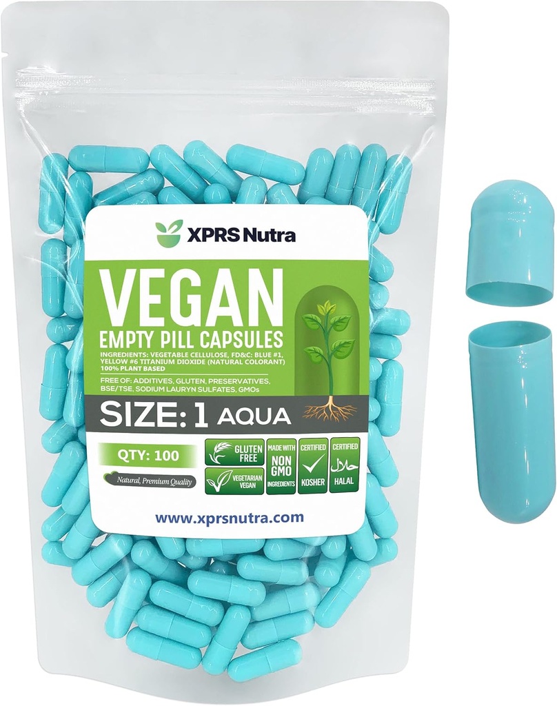 XPRS Nutra Størrelse 1 Tomme kapsler - 100 Grev Tomme Veganske kapsler - Vegetariske piller - DIY Vegetabilske Kapsler Filling- Veggie Pill Caps til Do- It- Yourself Kosttilskud (Aqua)