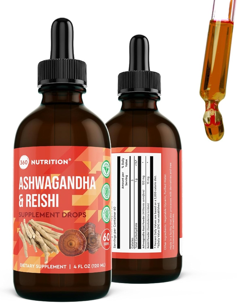 360 Nutrition Ashwagandha & Reishi Root Supplement Drops til Stress Relief, Stamina & Longevity, og energistøtte - Vegan Non- GMO Adaptogen - 4 fl oz, 60 Servere