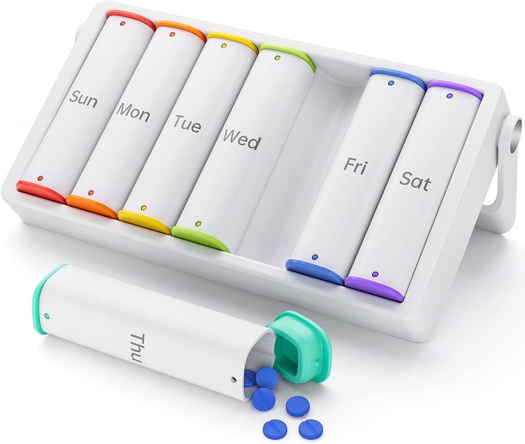 Ugentlig Pill Organizer 2 gange om dagen, KOVIUU Stor Travel Pill Box 7 dag, Am Pm to gange daglig Pill sag med roterende håndtag, Pill Holder Container for Vitamin, Medicin, tillæg, Fiskeolie, Hvid